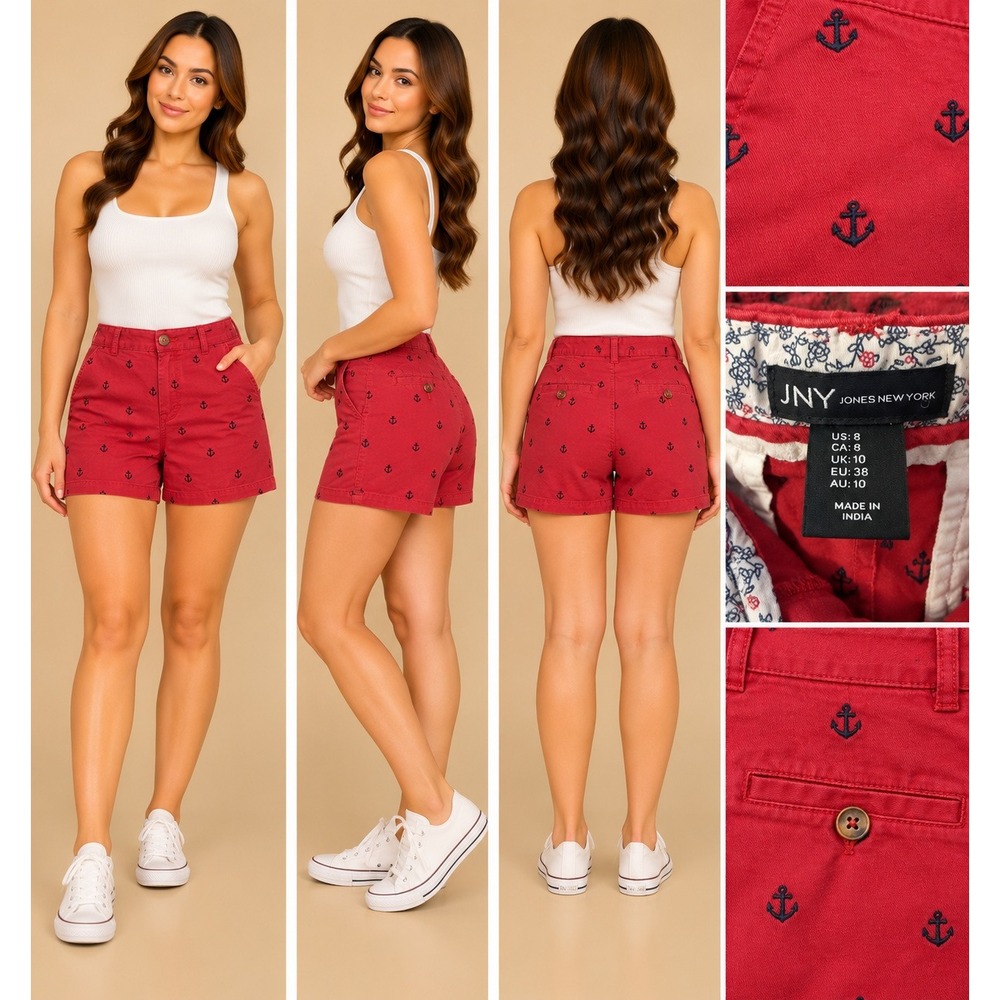 Jones New York Shorts Women 6 Red Coastal Preppy Anchor Embroidered Chino Short